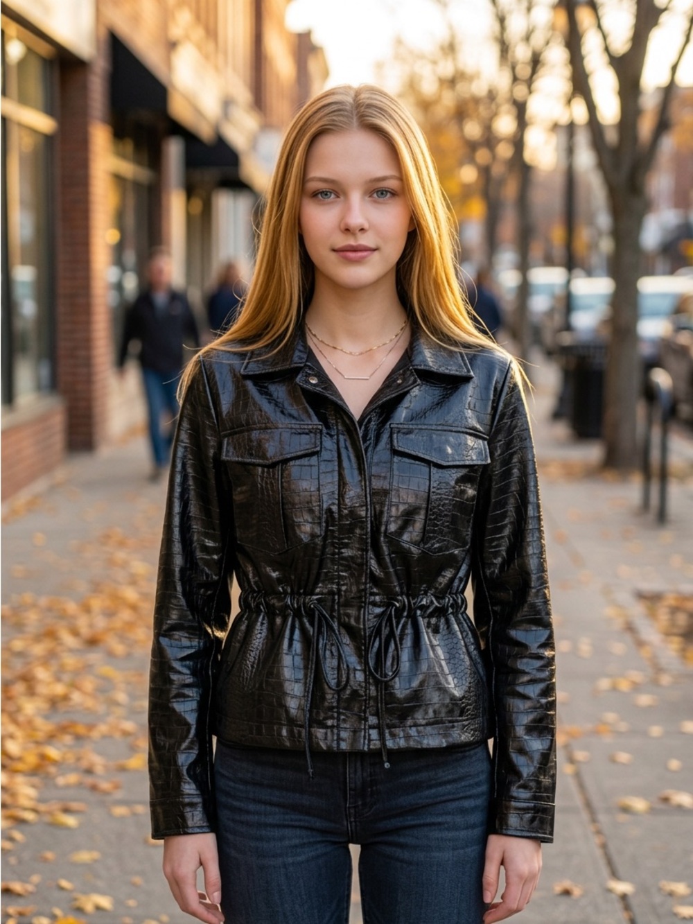 Sailor Black Croc Vegan Leather Drawstring Bikercore Streetwear Jacket Coat-M